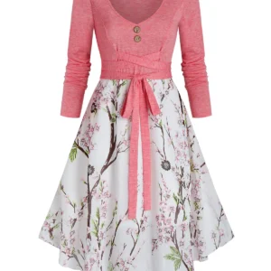 Floral Print Lace Up Asymmetrical High Waist Dress