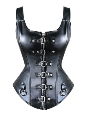 Buckle Zipper Front Faux Leather Shapewear Plus Size Corset