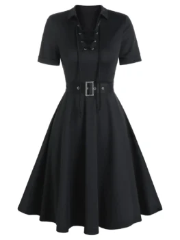 Lace-up Front Belted Flare Dress