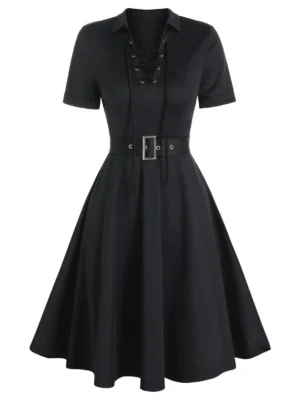 Lace-up Front Belted Flare Dress