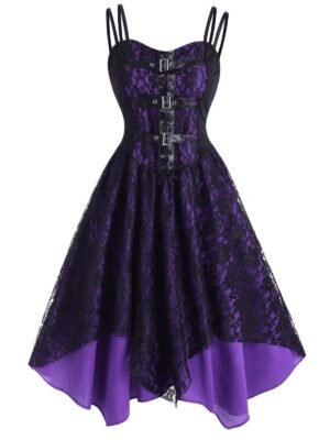 Lace Overlay Lace-Up Buckle Handkerchief Dress
