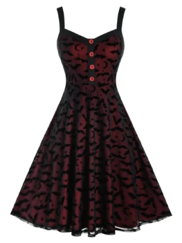 Plus Size Halloween Bat Buttoned A Line Retro Dress