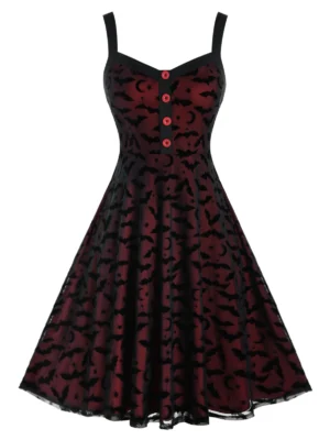 Plus Size Halloween Bat Buttoned A Line Retro Dress