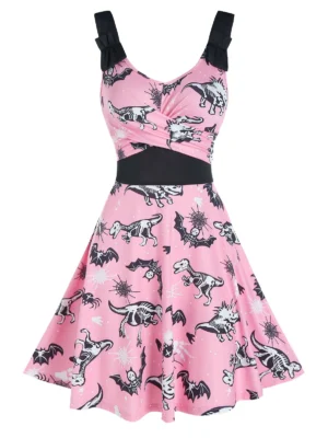 Halloween Animal Skeleton Print Sleeveless Crossover Dress
