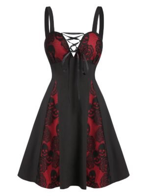 Skull Floral Lace Panel Colorblock Mini Dress