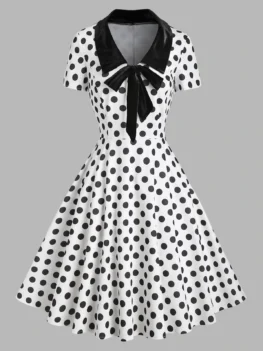 Polka Dot Velvet Insert Bowknot Vintage Dress