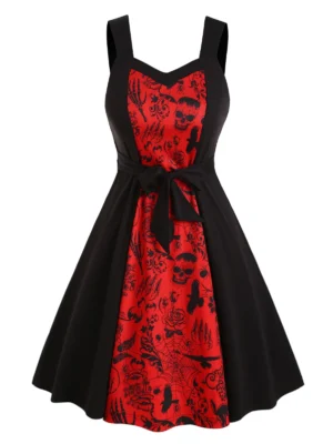 Plus Size Skull Print Bowknot Halloween Dress