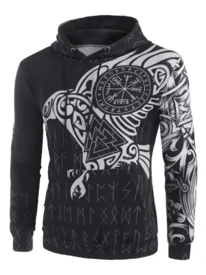 Kangaroo Pocket Eagle Print Drawstring Hoodie