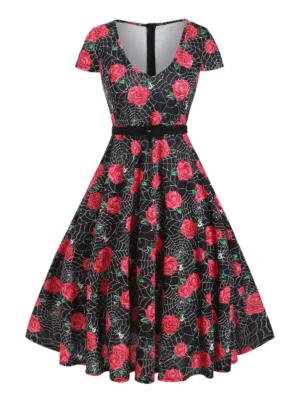 Halloween Spider Web Rose Print Belted Dress