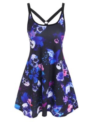 Skull Butterfly Print O Ring Strappy Tank Dress