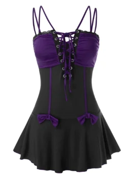 Plus Size Bowknot Lace Up Splicing Cami Top