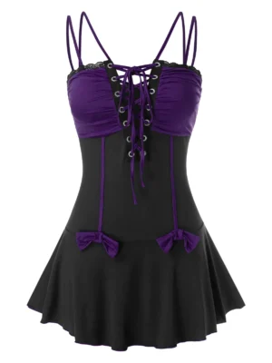 Plus Size Bowknot Lace Up Splicing Cami Top