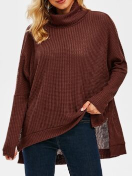 Turtleneck Drop Shoulder High Low Slit Knitwear