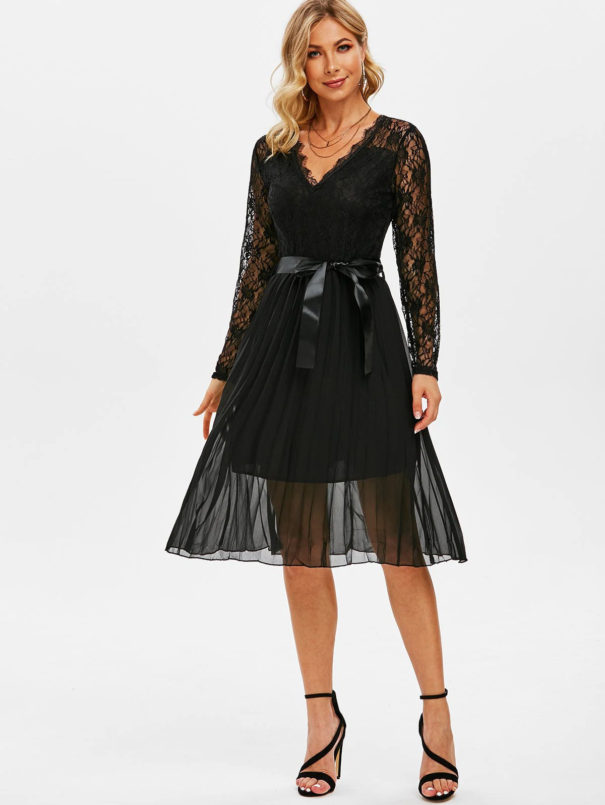 Lace Bodice Chiffon Belted Pleated Dress