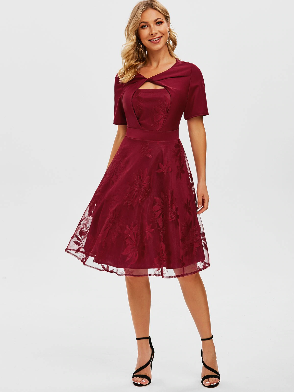 Lace Overlay Twisted Keyhole Dress