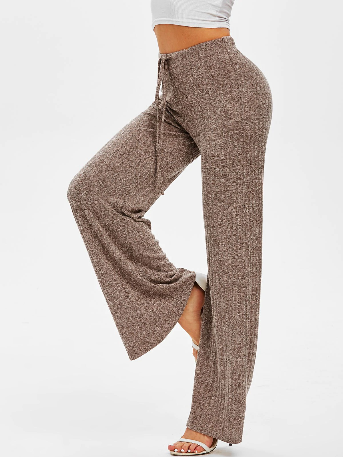 Drawstring Ribbed Marled Wide Leg Pants