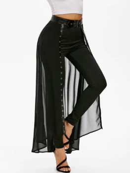 Belted Slim Pants with Skirt Overlay