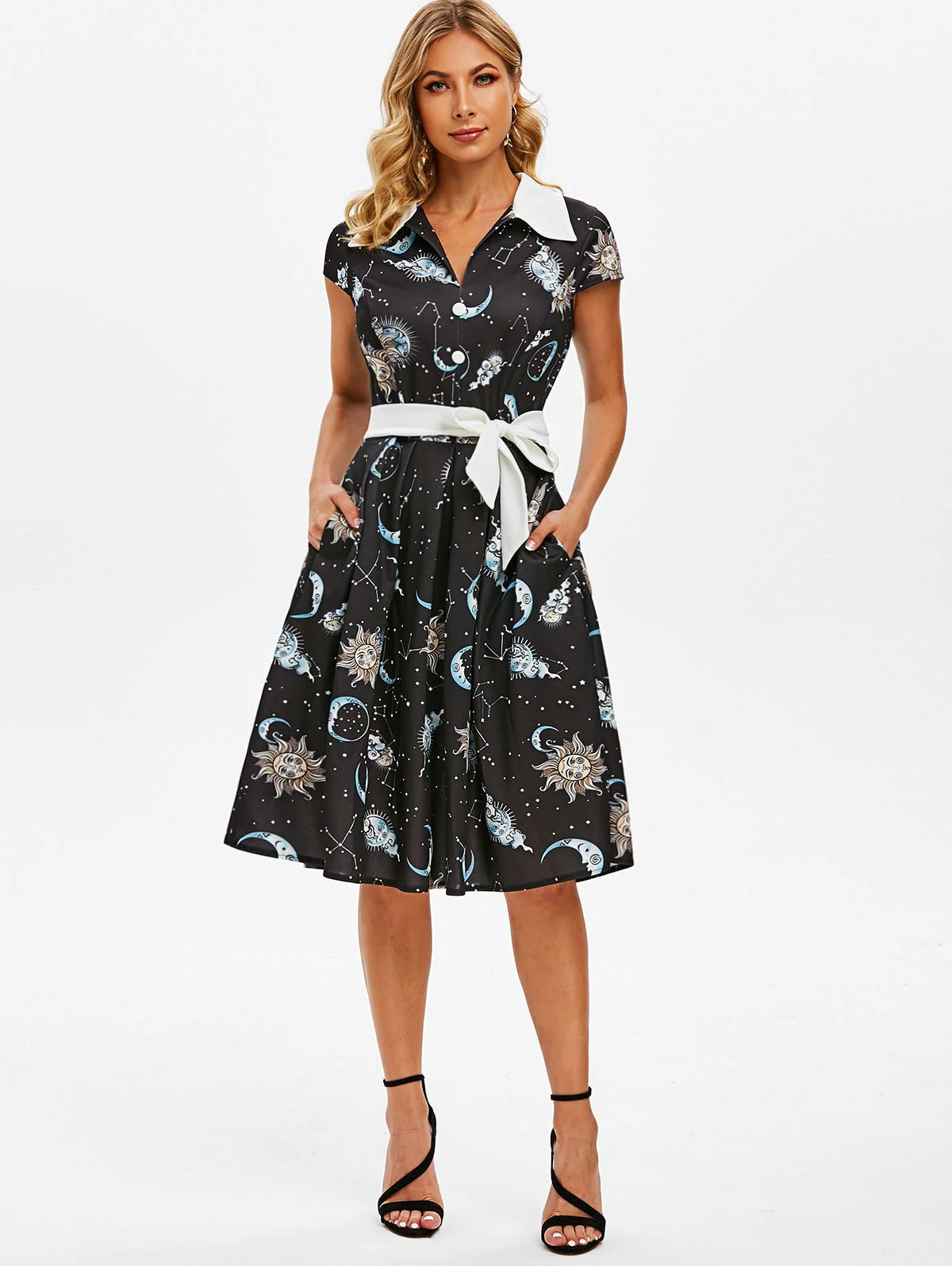 Sun Moon Star Mock Button Cap Sleeve Belted Dress