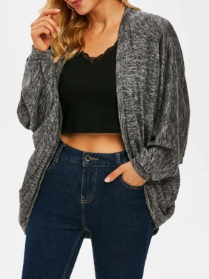 Open Front Heathered Batwing Sleeve Cardigan