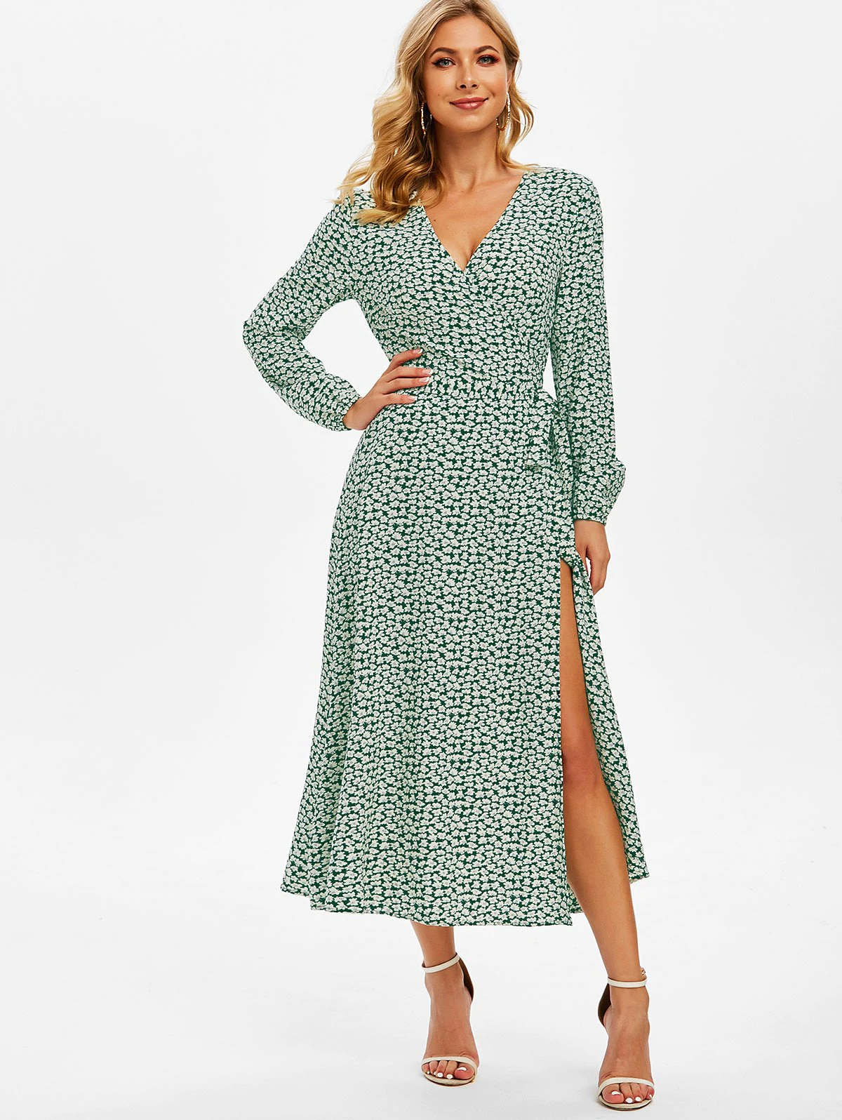Floral Print Belted Surplice Dress