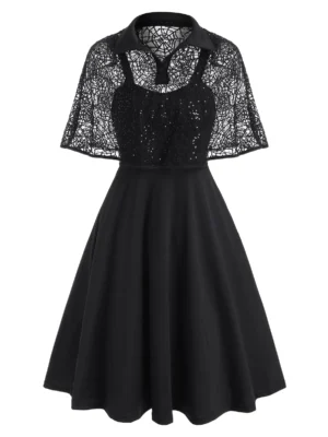 Halloween Spider Web Lace Sequined Cape Dress