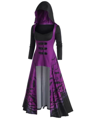 Halloween Bat Print Buckle Embellished Hooded High Low T-shirt