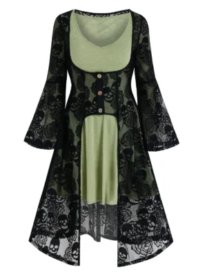 Halloween Skull Lace Cardigan and Flare Dress