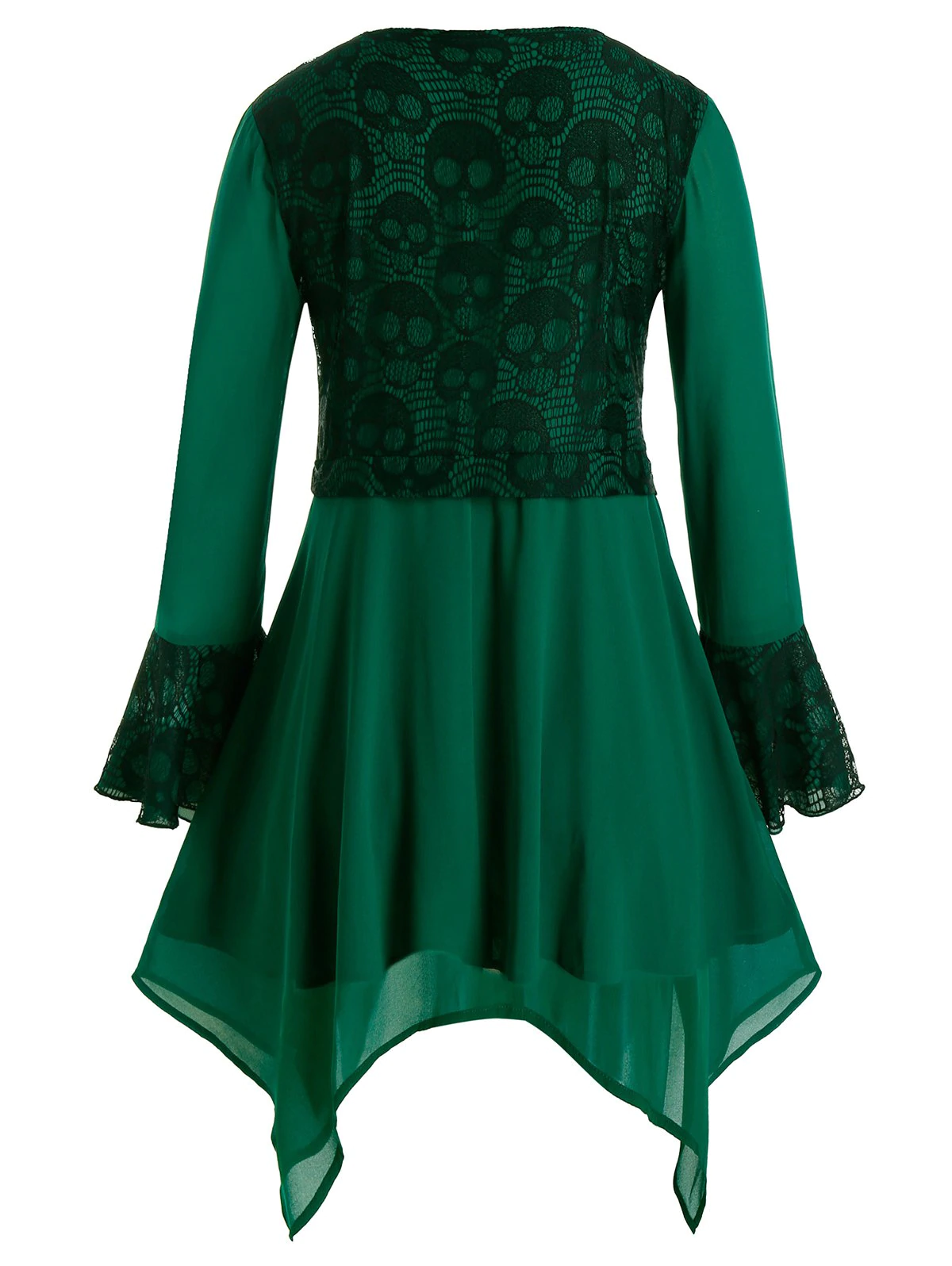 Plus Size Lace Skull Hanky Hem Chiffon Lace-up Top