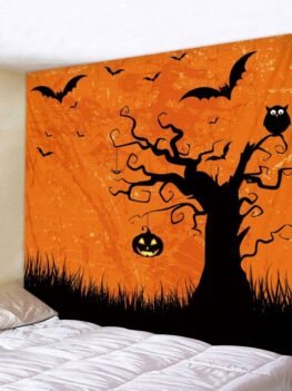 Halloween Pumpkin Tree Bat Pattern Wall Tapestry