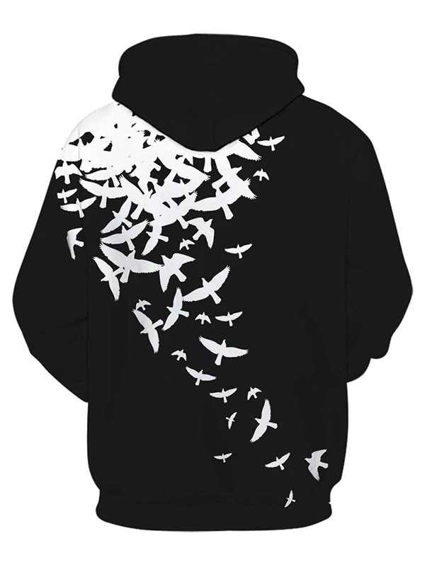 Contrast Pigeons Print Front Pocket Casual Hoodie