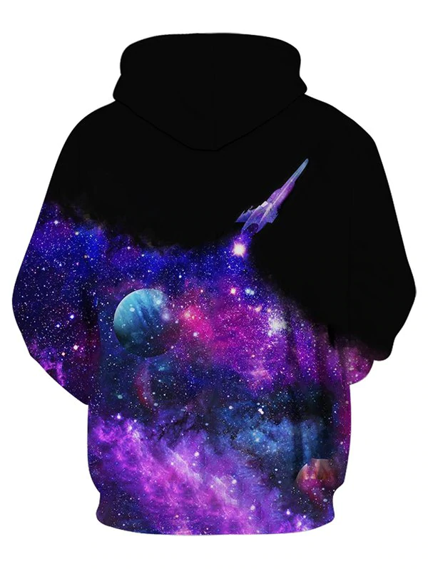 Spaceship Starry Pattern Drawstring Front Pocket Hoodie