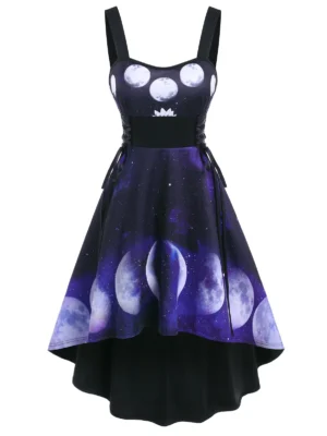 Universe Planet Print Lace-up A Line Dress