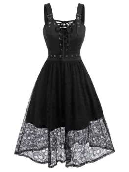 Halloween Skull Lace Insert Sleeveless Lace-up Gothic Dress