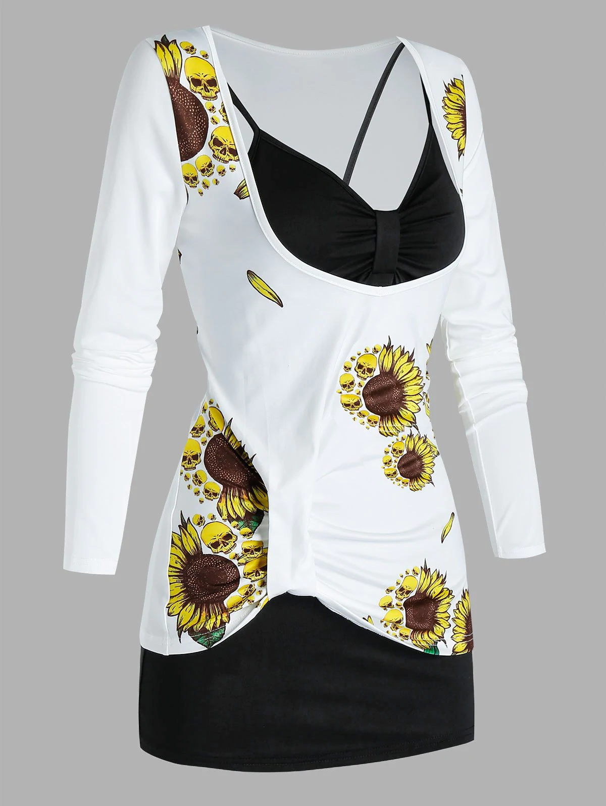 Sunflower Skull Print Asymmetric Two Piece T Shirt