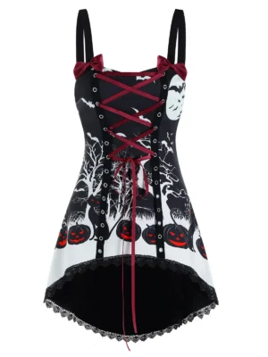 Halloween Night Pumpkin Print Lace-up High Low Tank Top