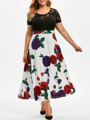 Plus Size Flower Pattern Lace Sheer Yoke Long Dress