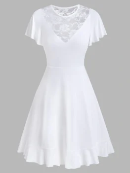 Flower Lace Insert Short Sleeve Flare Dress
