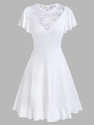 Flower Lace Insert Short Sleeve Flare Dress