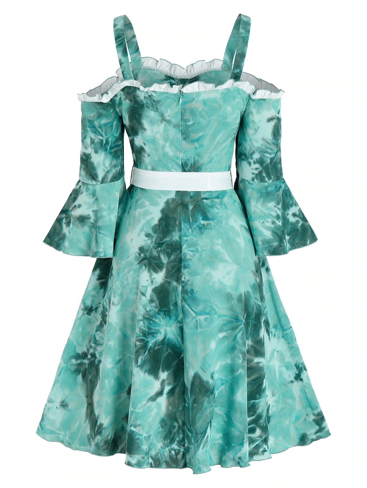 Tie Dye Print Cold Shoulder Belted Dress