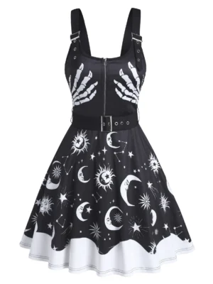 Halloween Skeleton Sun Moon Star Print Sleeveless Belted Dress