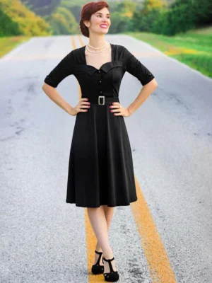 Vintage Half Button Belted Flare Dress