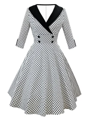 Polka Dot Mock Button Plunging Vintage Dress