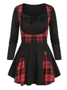 Plaid Print Bowknot Detail Faux Twinset T-shirt