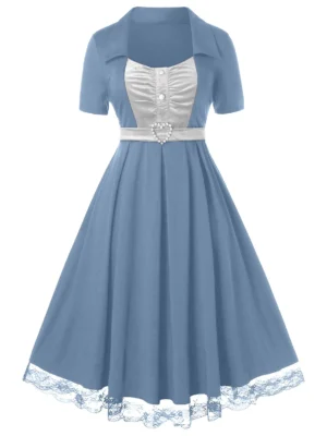 Plus Size Velvet Lace Hem A Line Retro Dress