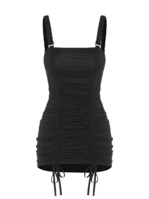Front Drawstring Elastic Strap Mini Dress