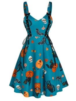 Halloween Pumpkin Print Lace Up Cami A Line Dress