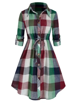 Plus Size Plaid Roll Up Sleeve Drawstring Shirt Dress