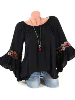 Flower Applique Bell Sleeve Tunic Blouse
