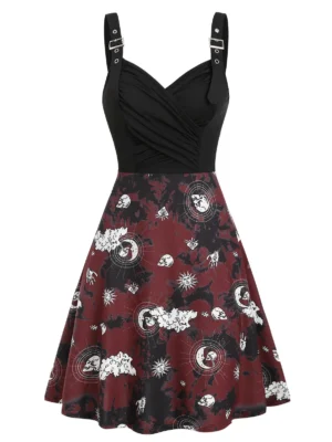 Tie Dye Skull Sun Moon Print Ruched Gothic Cami Dress