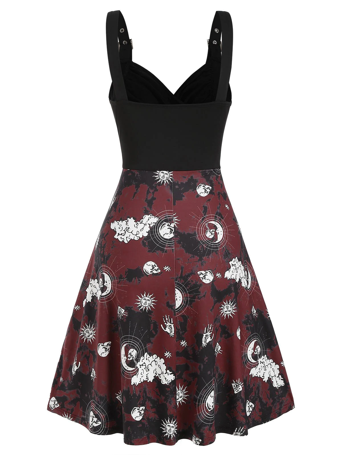 Tie Dye Skull Sun Moon Print Ruched Gothic Cami Dress